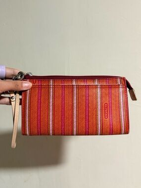Coach Orange and Pink Striped Wristlet Pouch